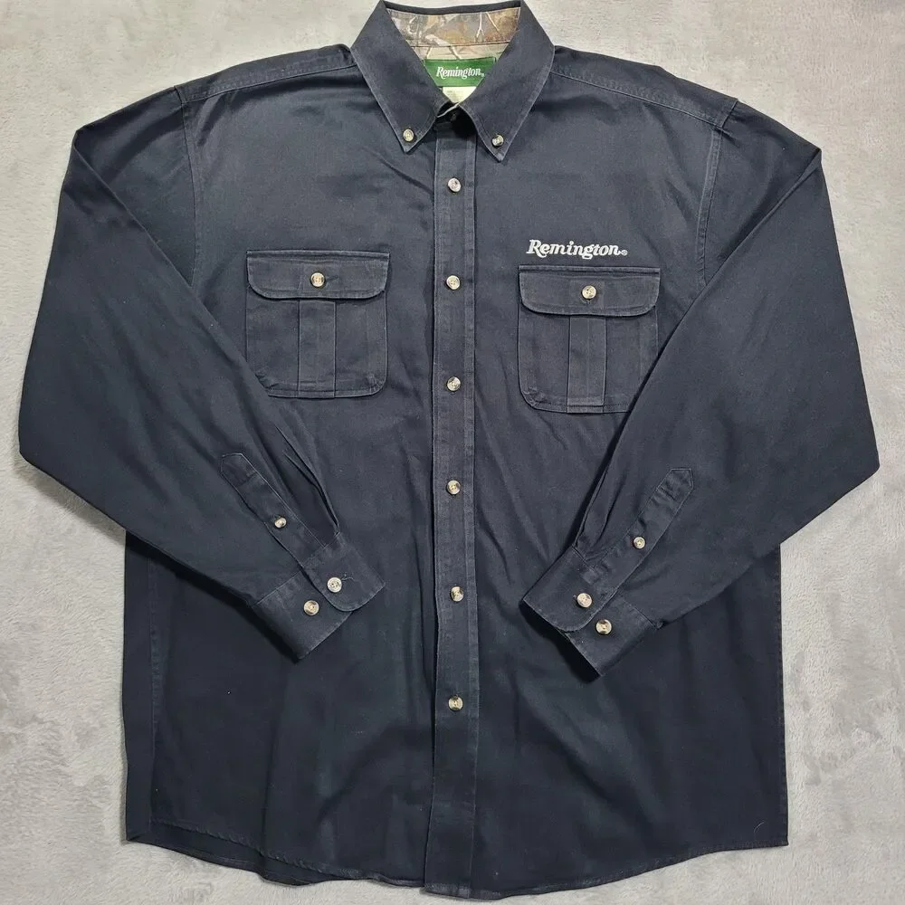 Remington Shirt Mens Large Black Long Sleeve Button Down Twill Hunting Camo